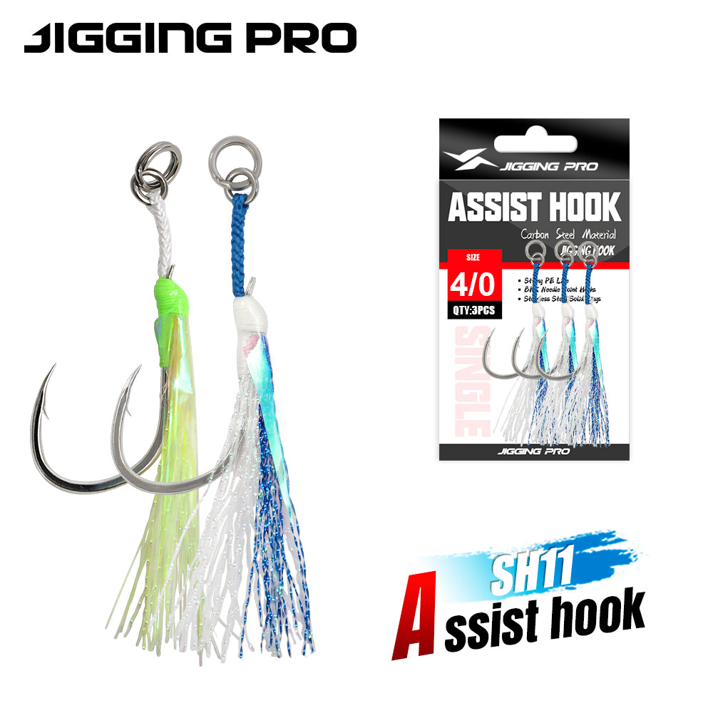 JIGGING PRO Single Assist Hook Set #1/0 #2/0 #3/0 #4/0 - 3pcs/pack Saltwater Rust-Resistant Hooks with PE Cord