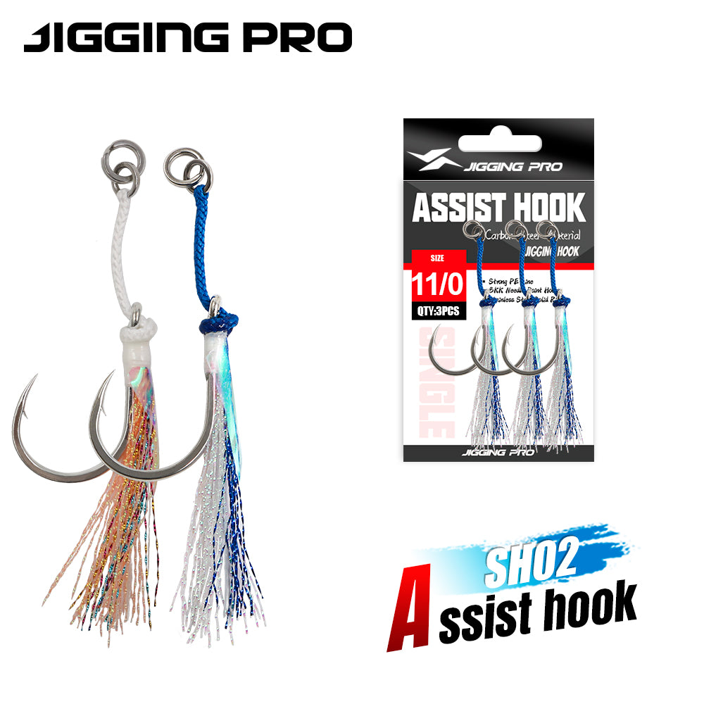 JIGGINGPRO Saltwater Single Assist Hook Set #5/0 #7/0 #9/0 #11/0 - Extra Strong Hook with Flash Tinsel & PE Cord