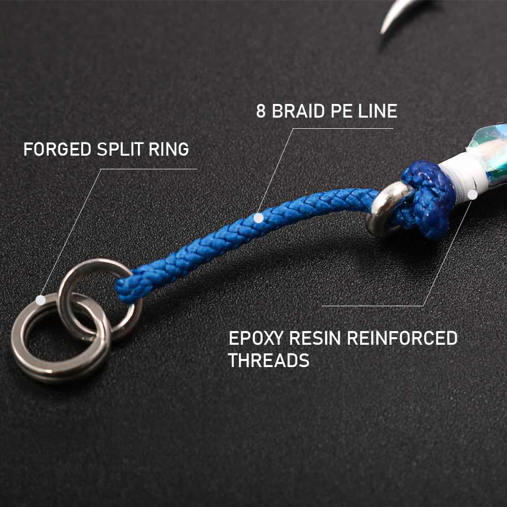 JIGGINGPRO Saltwater Single Assist Hook Set #5/0 #7/0 #9/0 #11/0 - Extra Strong Hook with Flash Tinsel & PE Cord