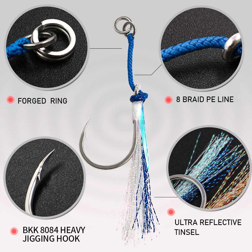 JIGGINGPRO Saltwater Single Assist Hook Set #5/0 #7/0 #9/0 #11/0 - Extra Strong Hook with Flash Tinsel & PE Cord