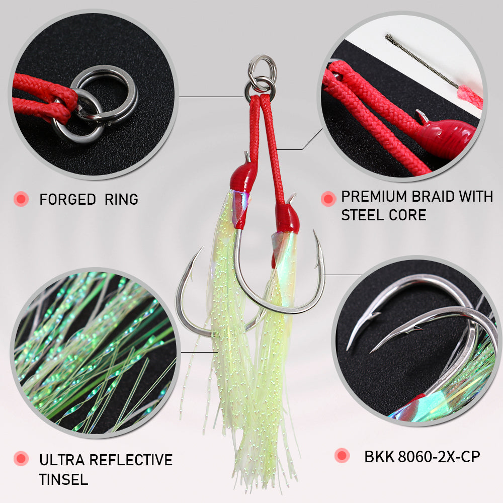 JIGGING PRO Double Assist Hooks #1/0-4/0 - Wire Core PE Line & UV Luminous Flash for Toothy Game Fish