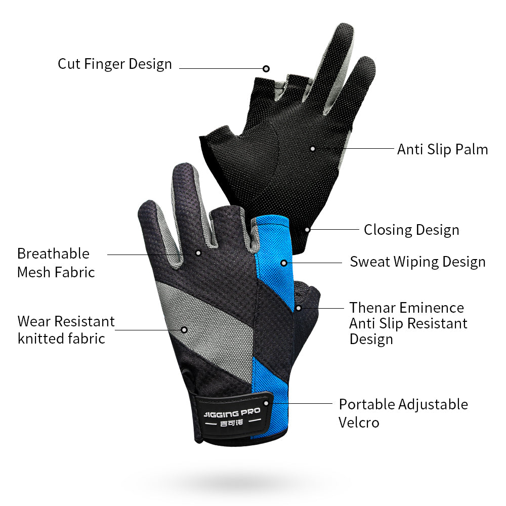 JIGGING PRO Men&Women Outdoor 3 Cut Fingers Fishing gloves Paddling, Sailing, Rowing and Hiking gloves Sport Tackle