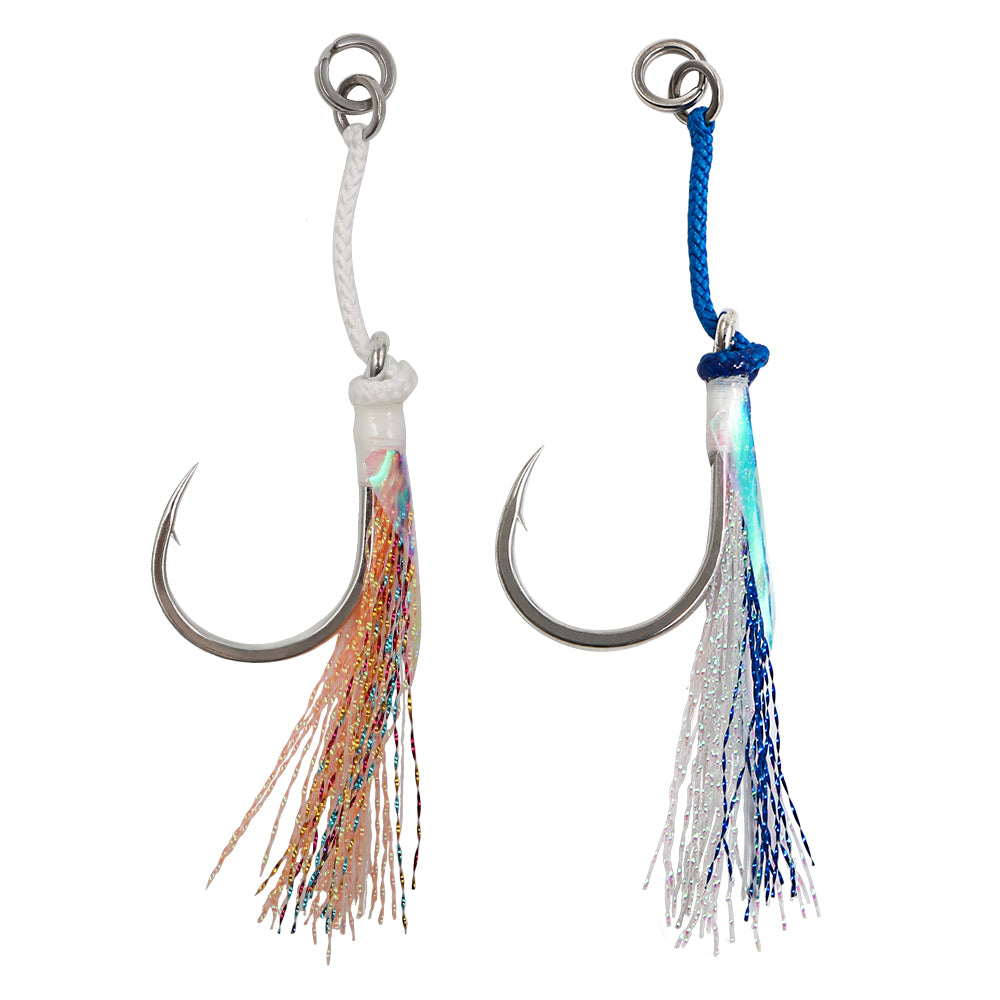 JIGGINGPRO Saltwater Single Assist Hook Set #5/0 #7/0 #9/0 #11/0 - Extra Strong Hook with Flash Tinsel & PE Cord