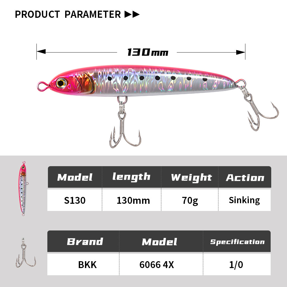 JIGGING PRO 130mm 70g Rerise Sinking Pencil Fishing Lure Sea Fishing Bait