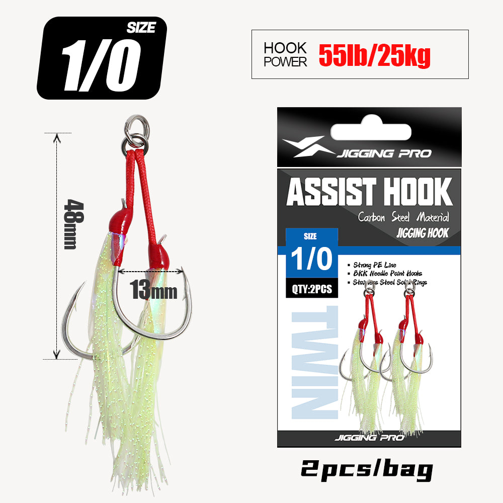 JIGGING PRO Double Assist Hooks #1/0-4/0 - Wire Core PE Line & UV Luminous Flash for Toothy Game Fish