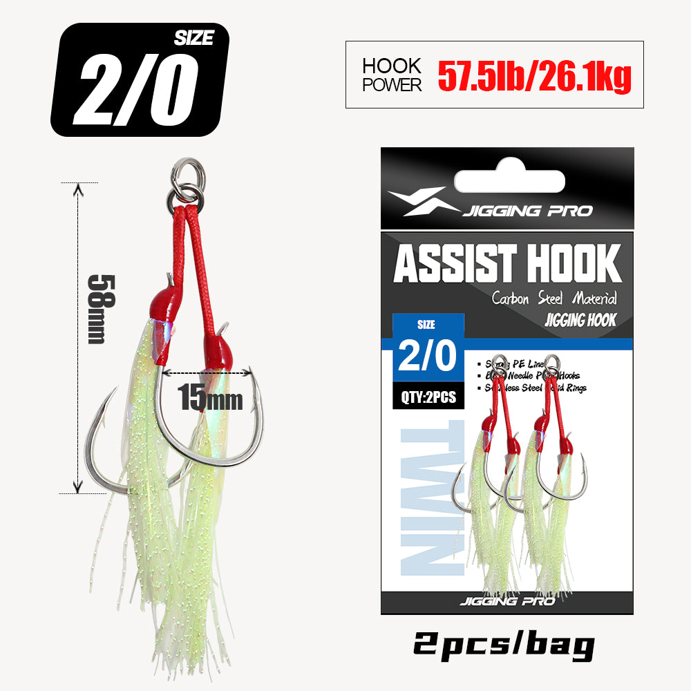JIGGING PRO Double Assist Hooks #1/0-4/0 - Wire Core PE Line & UV Luminous Flash for Toothy Game Fish