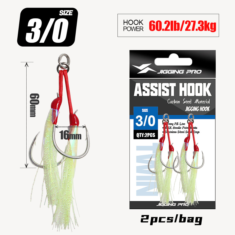 JIGGING PRO Double Assist Hooks #1/0-4/0 - Wire Core PE Line & UV Luminous Flash for Toothy Game Fish