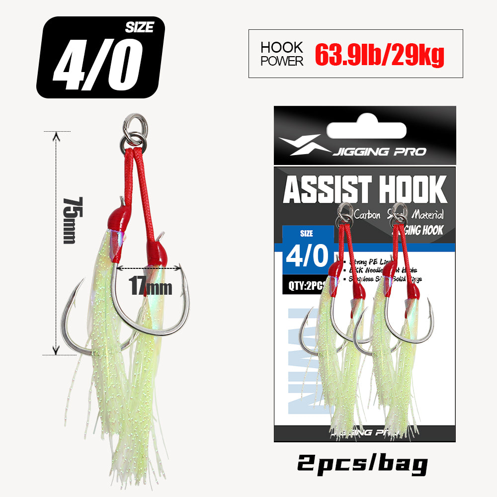 JIGGING PRO Heavy Duty Double Assist Hooks 1/0 2/0 3/0 4/0 Steel Wire Core Jigging Hooks