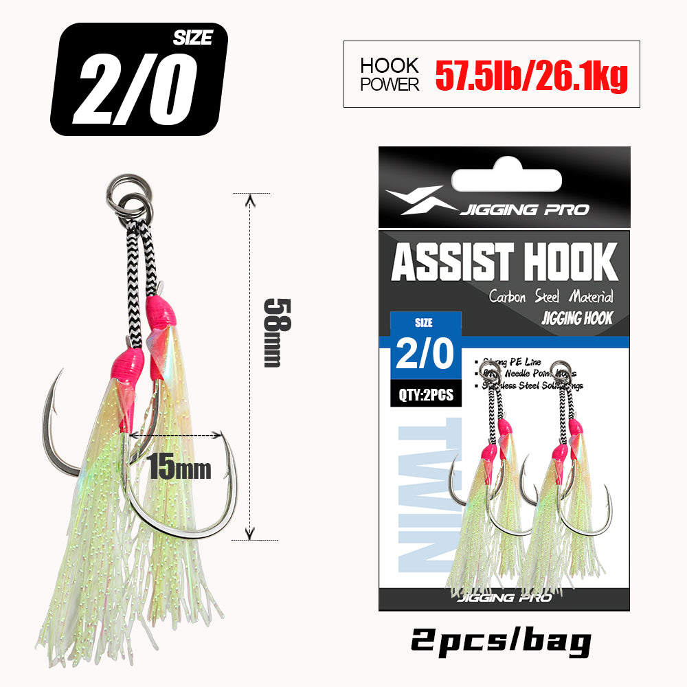 JIGGING PRO Double Assist Hooks #1/0-4/0 - Wire Core PE Line & UV Luminous Flash for Toothy Game Fish