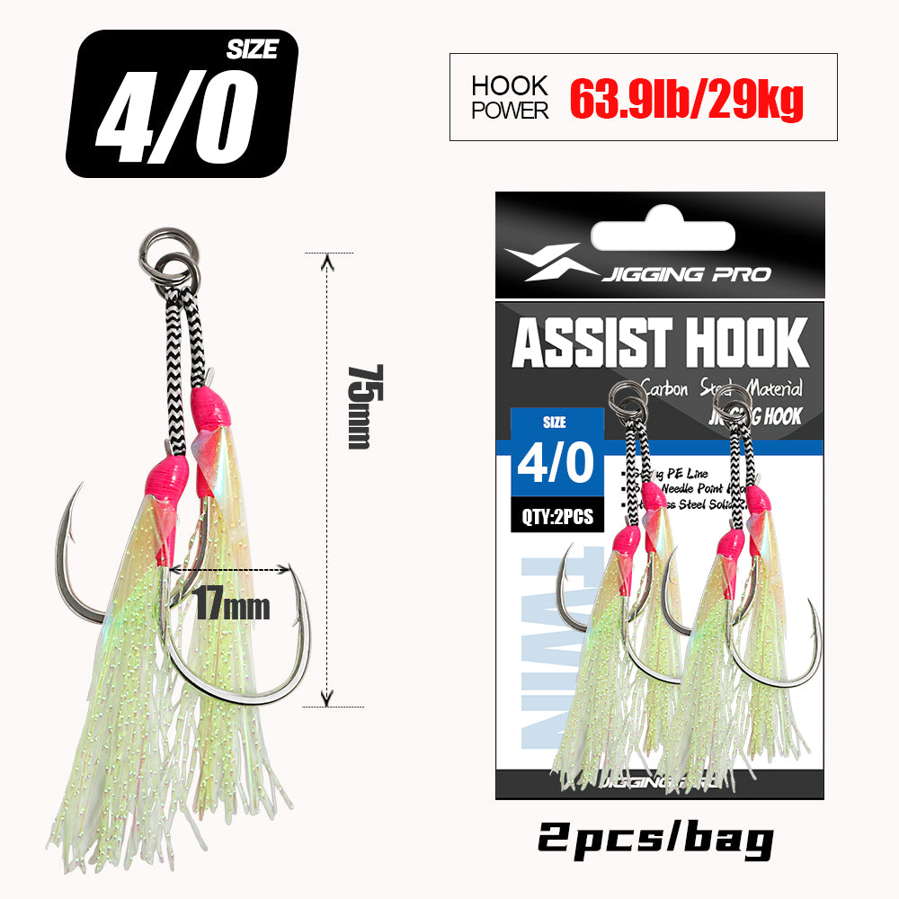 JIGGING PRO Double Assist Hooks #1/0-4/0 - Wire Core PE Line & UV Luminous Flash for Toothy Game Fish