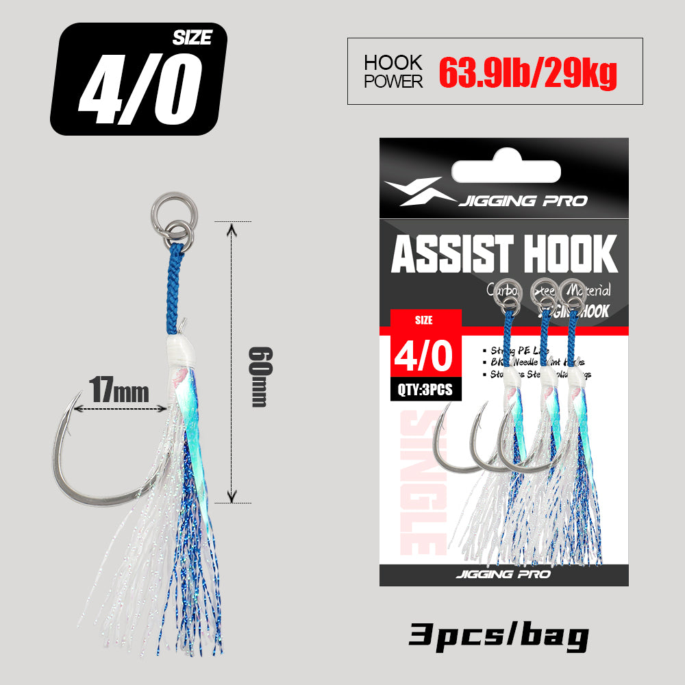 JIGGING PRO BKK 8060 Single Assist Hook Set #1/0 #2/0 #3/0 #4/0 - 3pcs/pack Saltwater Rust-Resistant Hooks with PE Cord