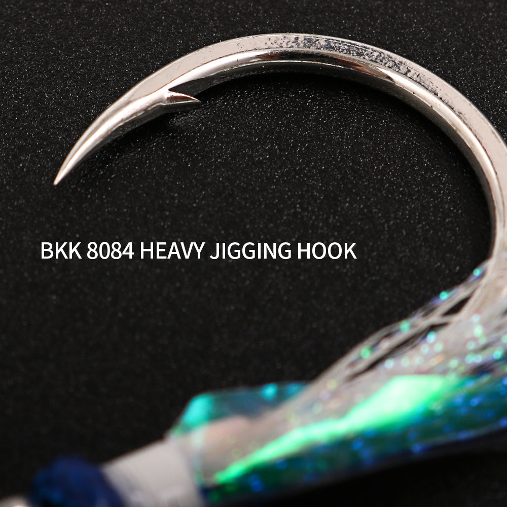 JIGGINGPRO Saltwater Single Assist Hook Set #5/0 #7/0 #9/0 #11/0 - Extra Strong Hook with Flash Tinsel & PE Cord