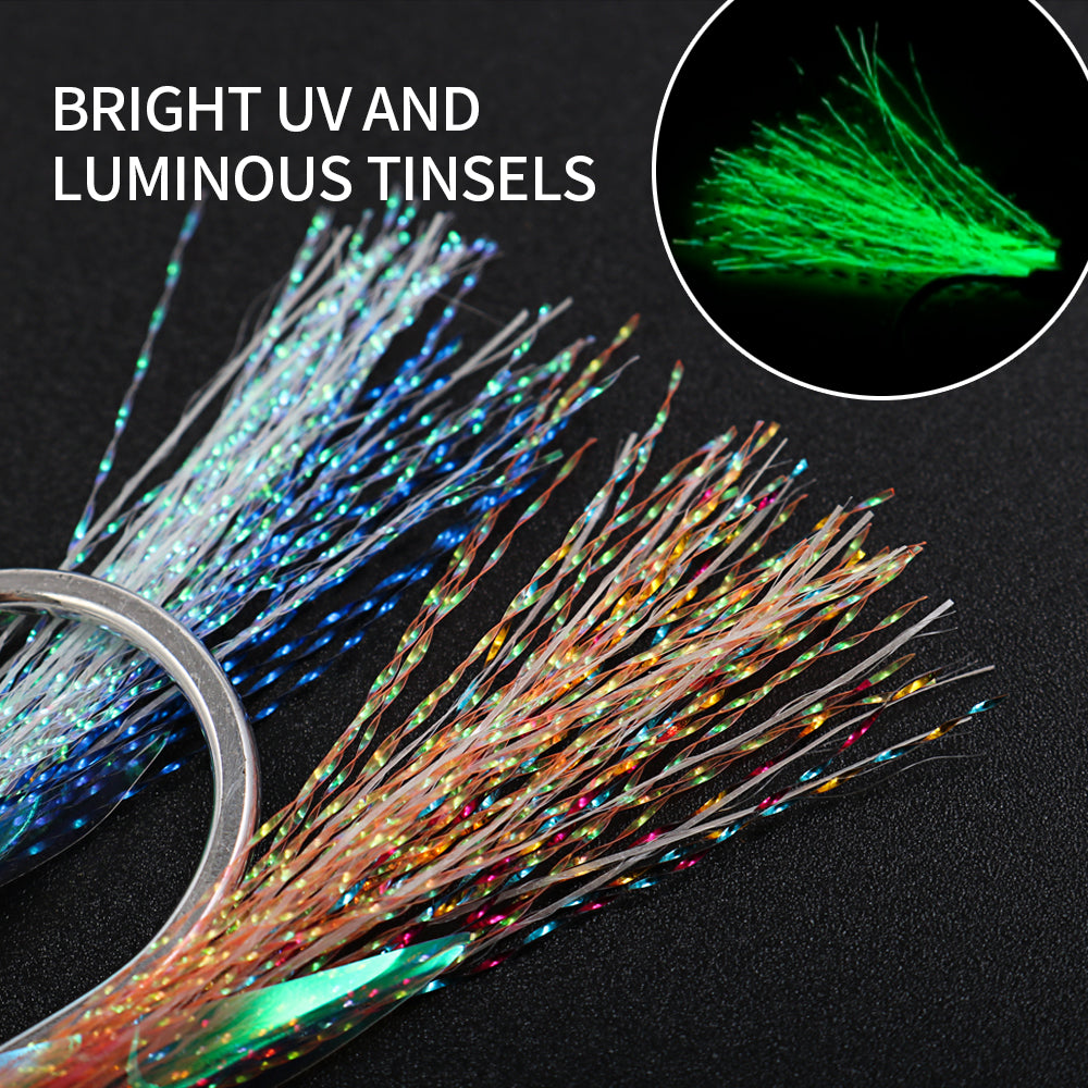 JIGGINGPRO Saltwater Single Assist Hook Set #5/0 #7/0 #9/0 #11/0 - Extra Strong Hook with Flash Tinsel & PE Cord