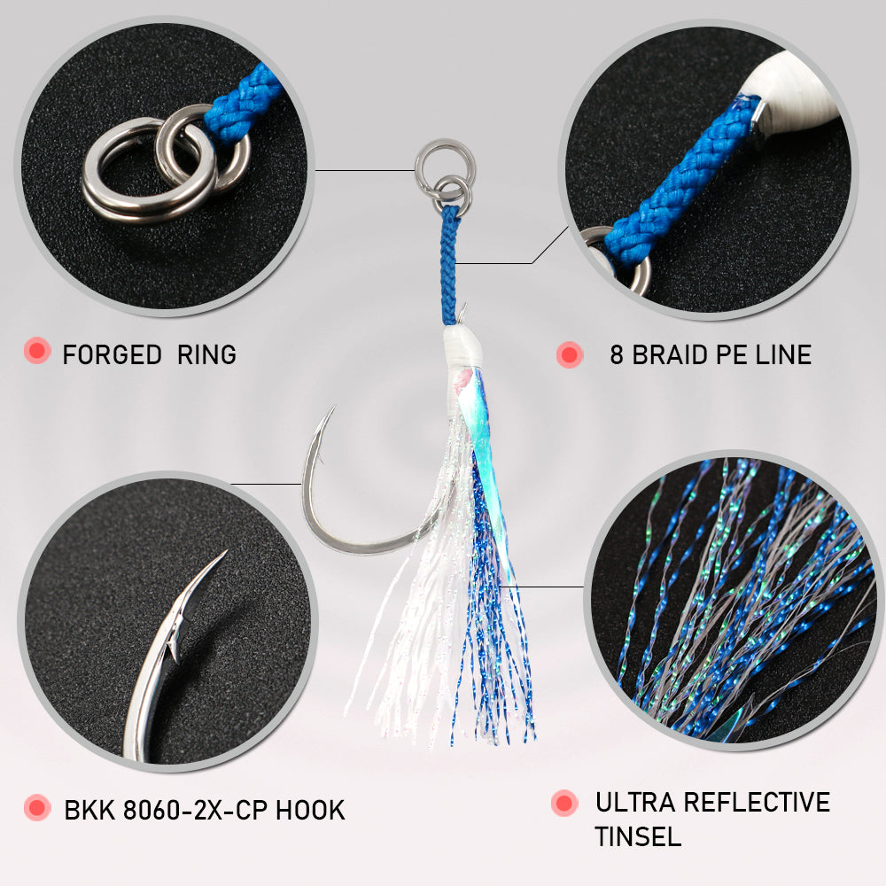 JIGGING PRO BKK 8060 Single Assist Hook Set #1/0 #2/0 #3/0 #4/0 - 3pcs/pack Saltwater Rust-Resistant Hooks with PE Cord