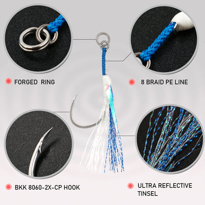 JIGGING PRO BKK 8060 Single Assist Hook Set #1/0 #2/0 #3/0 #4/0 - 3pcs/pack Saltwater Rust-Resistant Hooks with PE Cord