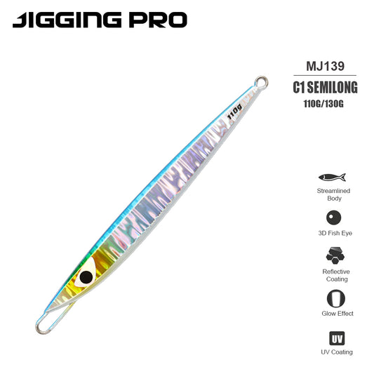 JIGGING PRO C1 Semilong Metal Jig - 110g/130g Center Weighted Vertical Jigging Lure