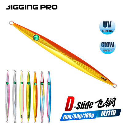 JIGGINGPRO Vertical Jigging Lure Dart and Drift Action Saltwater Metal Jig D-Slide Jack Eye 60g 80g 100g