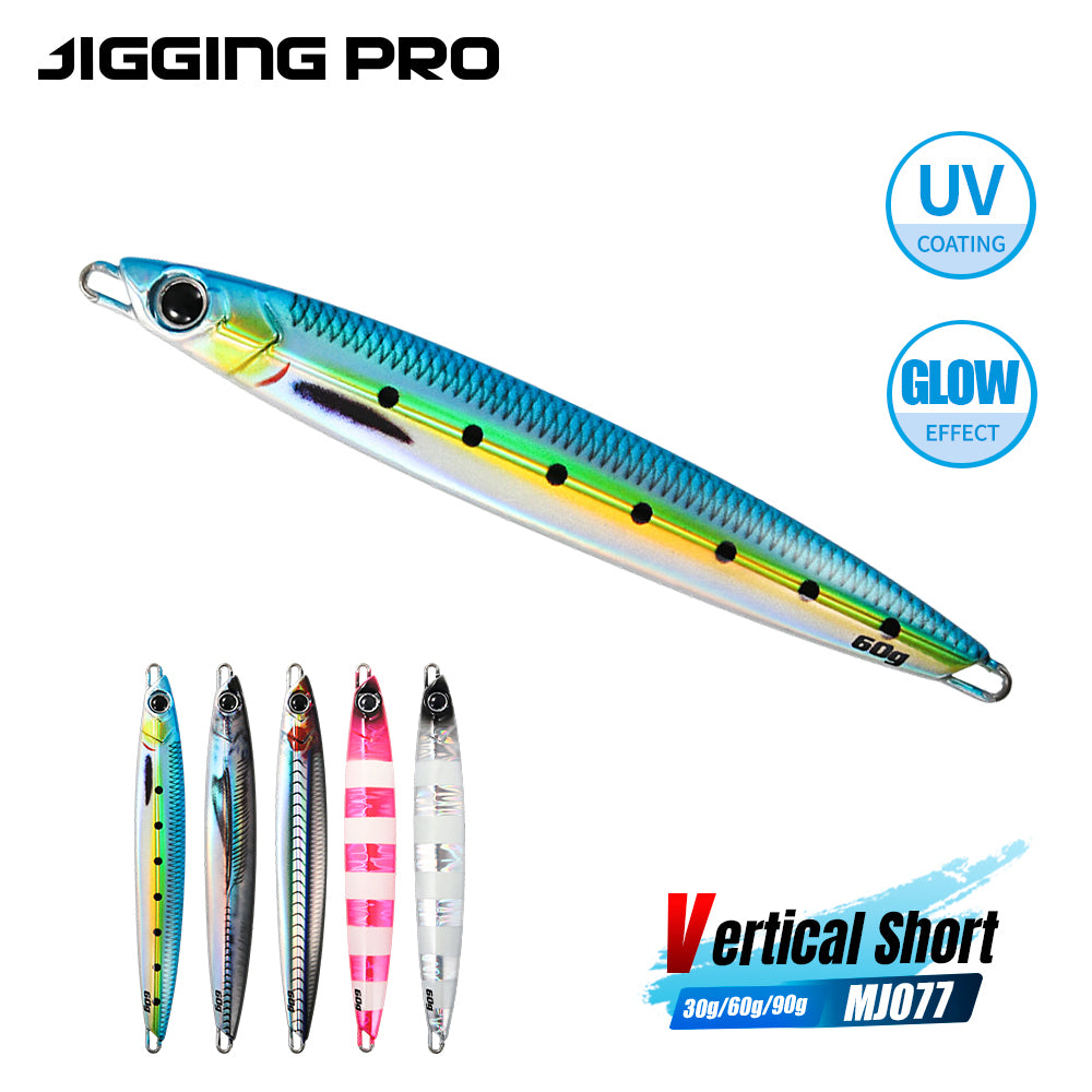JIGGING PRO Vertical Short Metal Jig Lures, UV & Glow Saltwater Fishing Baits, 30g 60g 90g Vertical Jigging Lead Fish