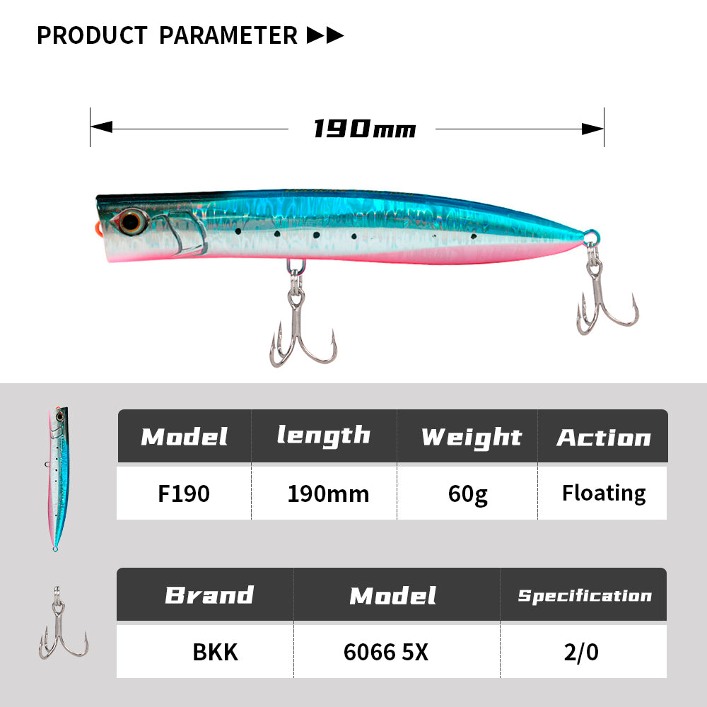 JIGGINGPRO 190mm 60g Topwater Slim Popper Lure Sea Floating Fishing Lure