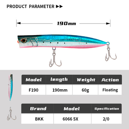 JIGGINGPRO 190mm 60g Topwater Slim Popper Lure Sea Floating Fishing Lure