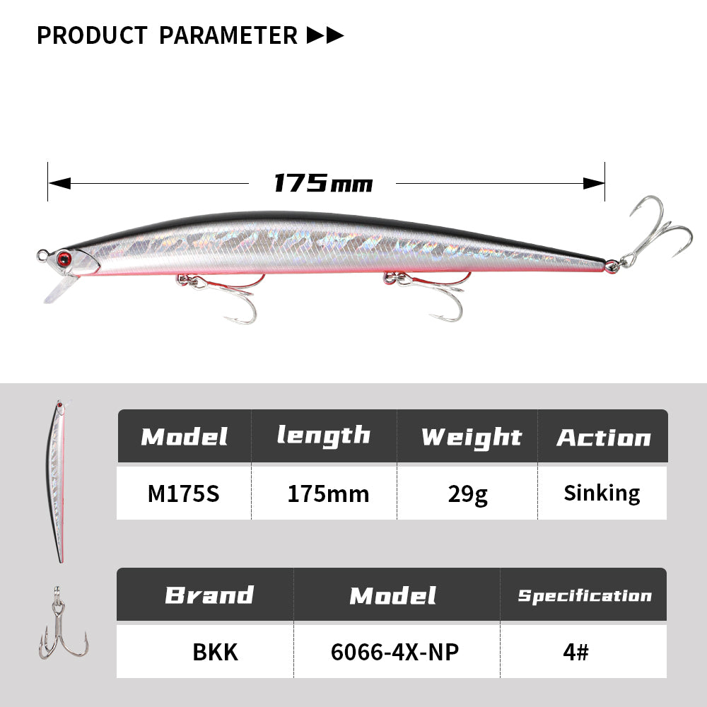 JIGGING PRO 175mm 29g Tide Minnow Slim M175S Flyer Long Casting Fishing Lure Sinking Minnow Bait