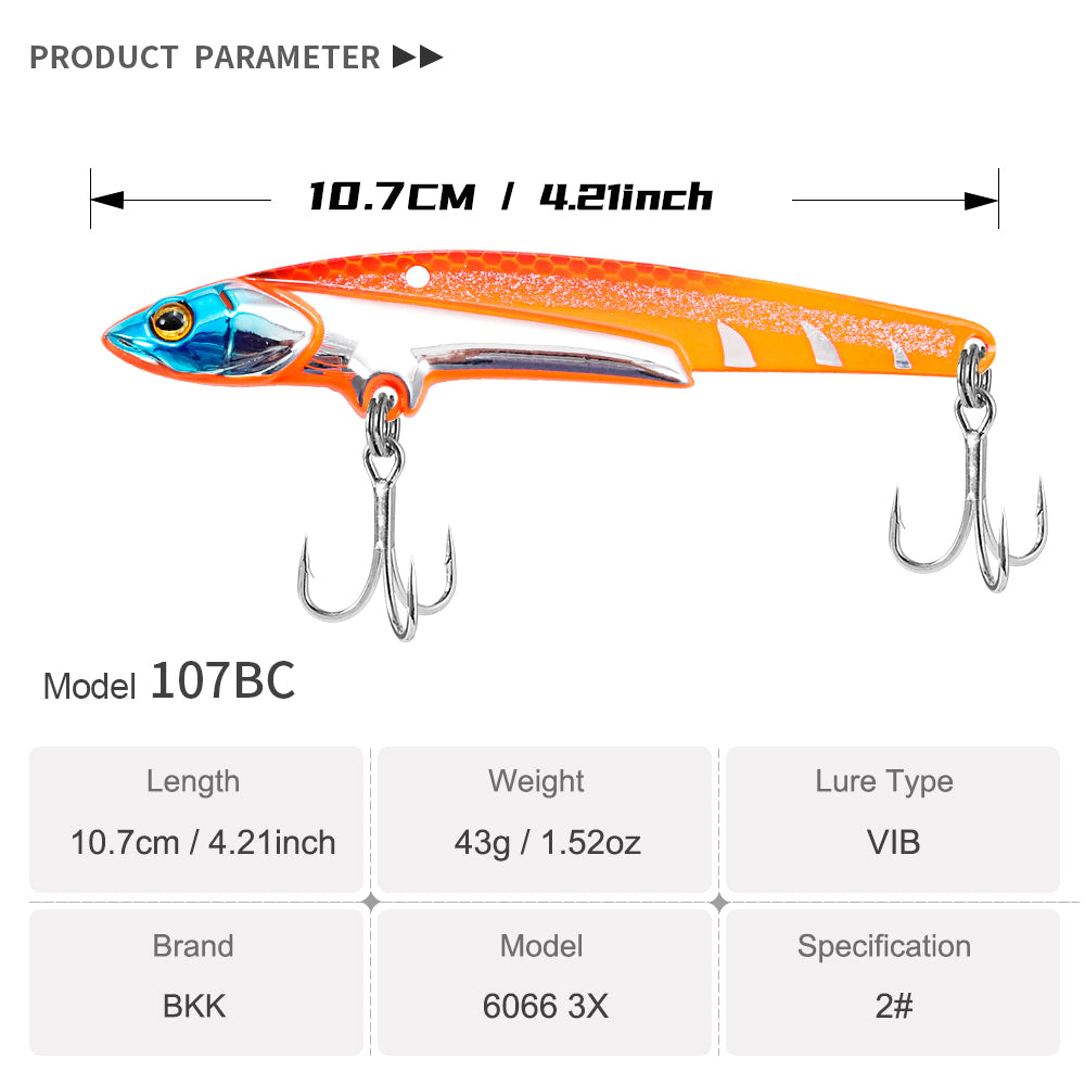 JIGGING PRO VIB Fishing Lure 107mm 43g Metal Jig Sinking Spinning Blade Cast Treble Hooks Hard Lure Slice Jig Fishing Bait