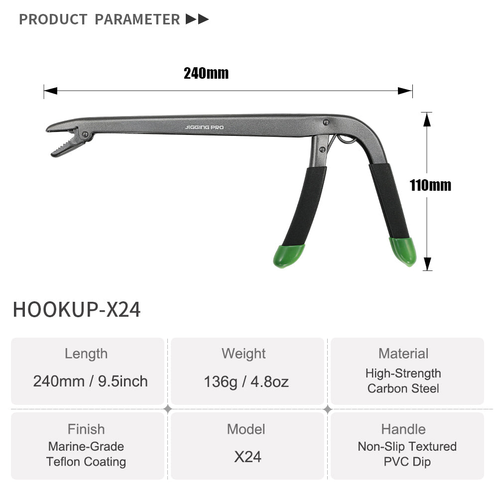 Jigging Pro HOOKUP-X24 9.5" Pistol Grip Fishing Hook Remover, Teflon Coated Carbon Steel Fish Hook Extractor Tool for Saltwater & Freshwater