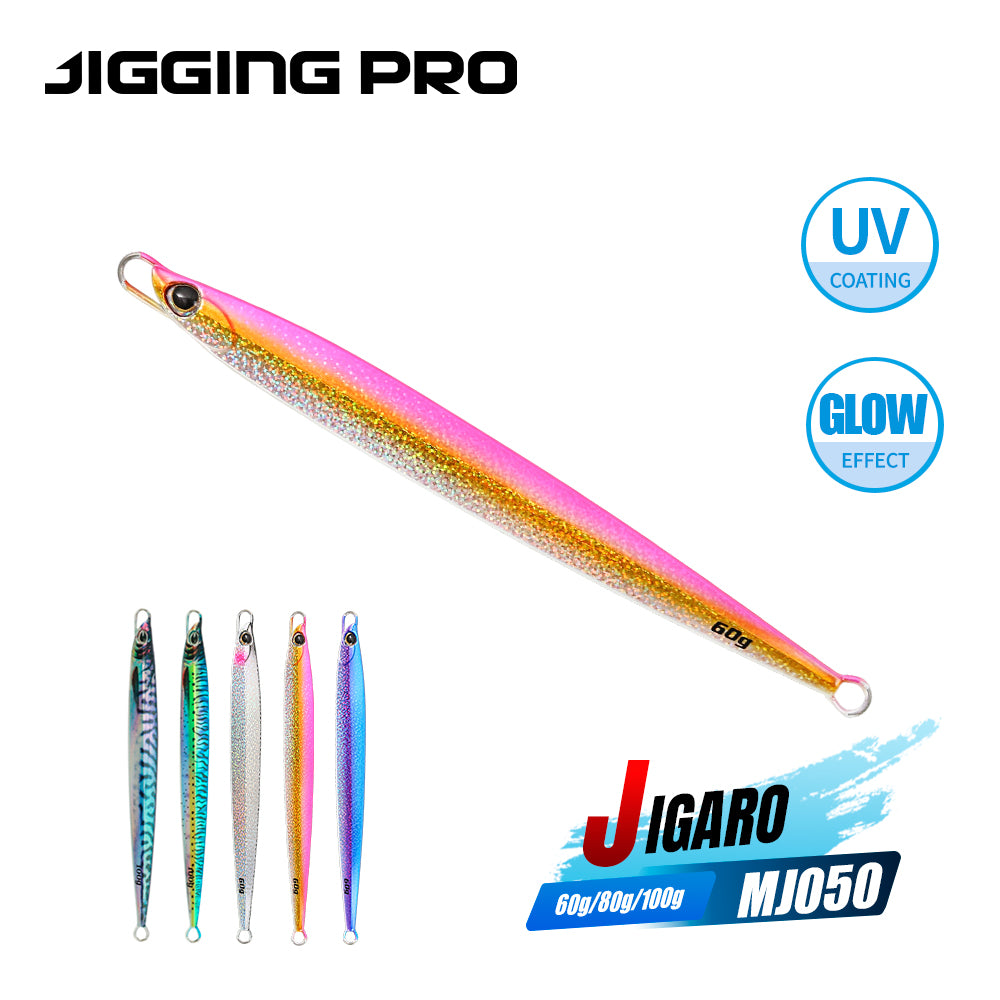 JIGGING PRO MJ050 Jigaro Long Metal Jig Lures, UV & Glow Vertical Jigging Baits, 60g 80g 100g Saltwater Sea Fishing Lead Fish