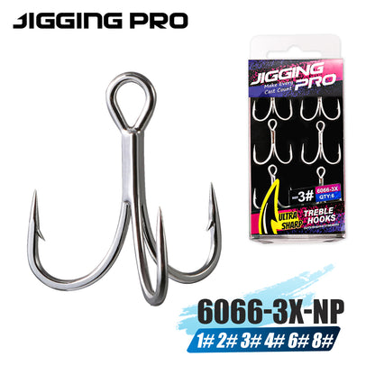 Jigging Pro 6066-3X-NP Saltwater Treble Hooks, 3X Strong High Carbon Steel Replacement Hooks for Lures & Jigs, Sizes 1# 2# 3# 4# 6# 8#