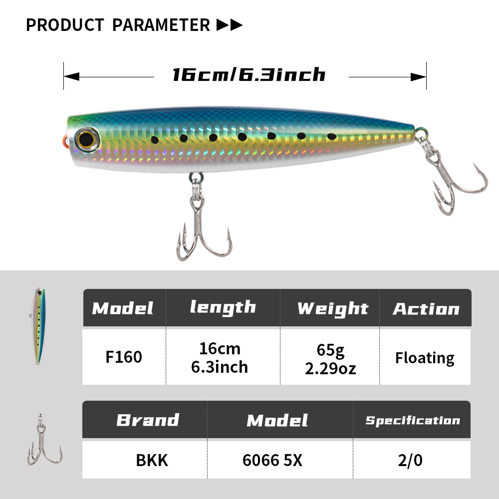 JIGGINGPRO 160mm 65g Floating Popper Lure Plastic Hard Bait