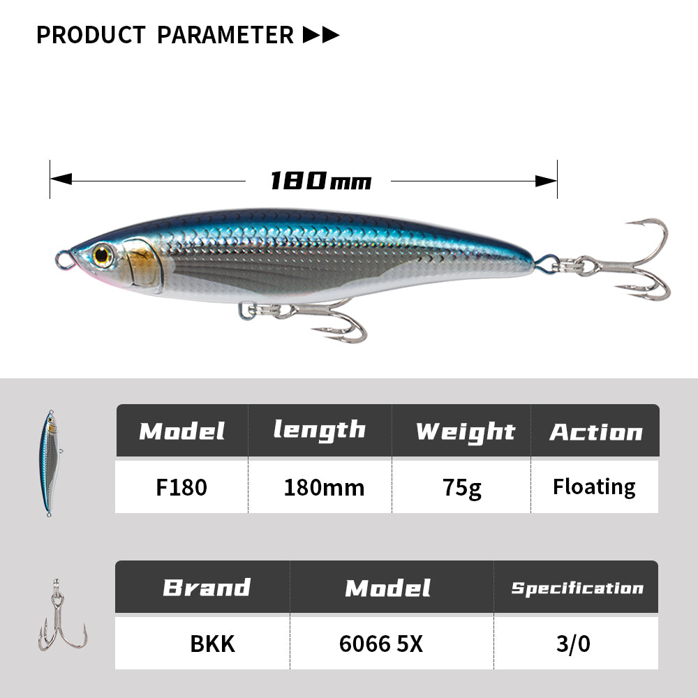 JIGGINGPRO 180mm 75g Loaded Floating Topwater Diving Pencil Saltwater Fishing Lure
