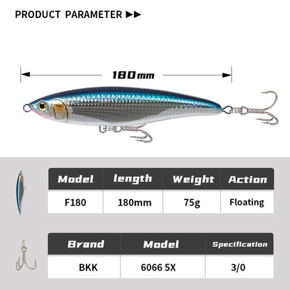 JIGGINGPRO 180mm 75g Loaded Floating Topwater Diving Pencil Saltwater Fishing Lure