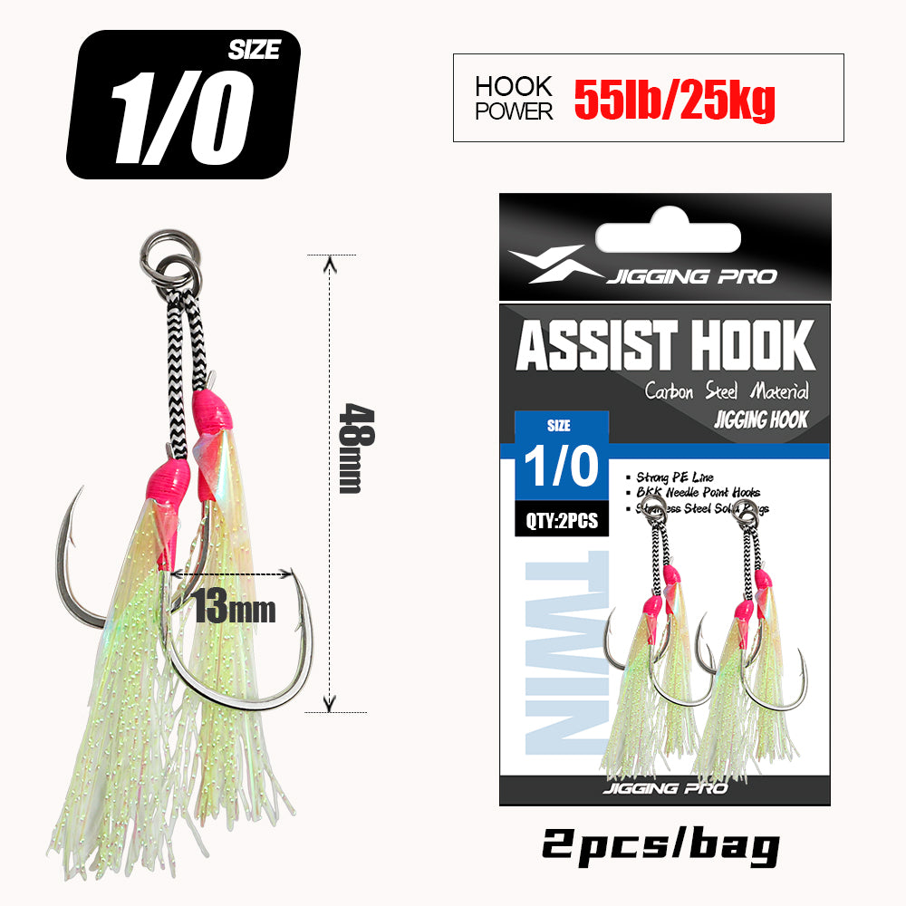 JIGGING PRO Heavy Duty Double Assist Hooks 1/0 2/0 3/0 4/0  Steel Wire Core Jigging Hooks