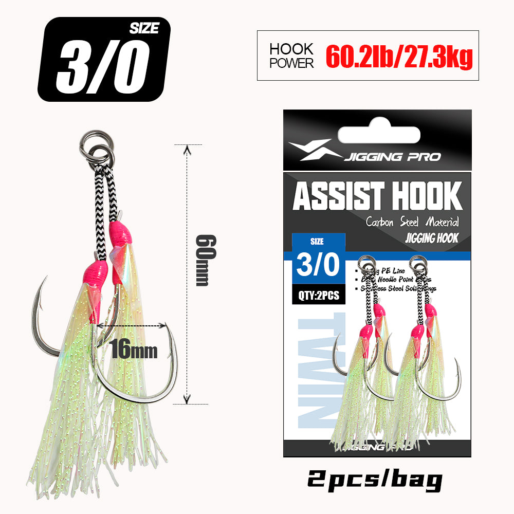 JIGGING PRO BKK 8060 Double Assist Hooks #1/0-4/0 - Wire Core PE Line & UV Luminous Flash for Toothy Game Fish