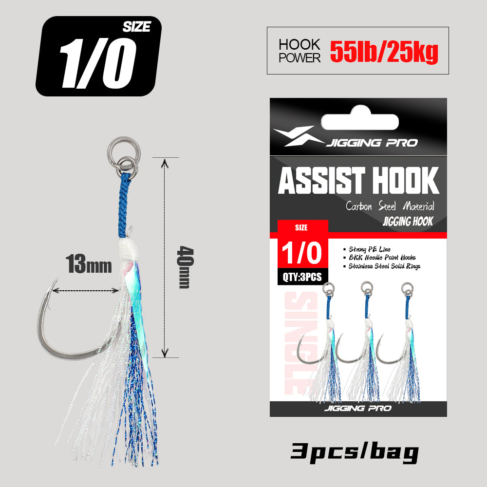 JIGGING PRO BKK 8060 Single Assist Hook Set #1/0 #2/0 #3/0 #4/0 - 3pcs/pack Saltwater Rust-Resistant Hooks with PE Cord