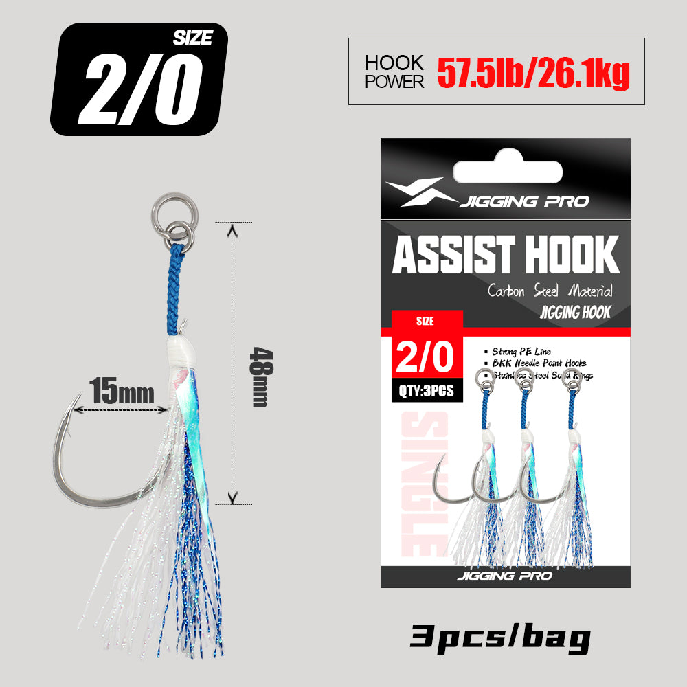 JIGGING PRO BKK 8060 Single Assist Hook Set #1/0 #2/0 #3/0 #4/0 - 3pcs/pack Saltwater Rust-Resistant Hooks with PE Cord