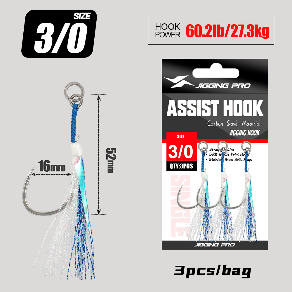 JIGGING PRO BKK 8060 Single Assist Hook Set #1/0 #2/0 #3/0 #4/0 - 3pcs/pack Saltwater Rust-Resistant Hooks with PE Cord