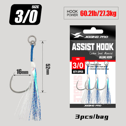 JIGGING PRO BKK 8060 Single Assist Hook Set #1/0 #2/0 #3/0 #4/0 - 3pcs/pack Saltwater Rust-Resistant Hooks with PE Cord