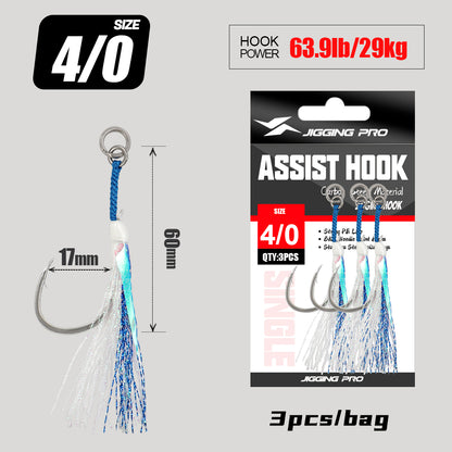 JIGGING PRO BKK 8060 Single Assist Hook Set #1/0 #2/0 #3/0 #4/0 - 3pcs/pack Saltwater Rust-Resistant Hooks with PE Cord