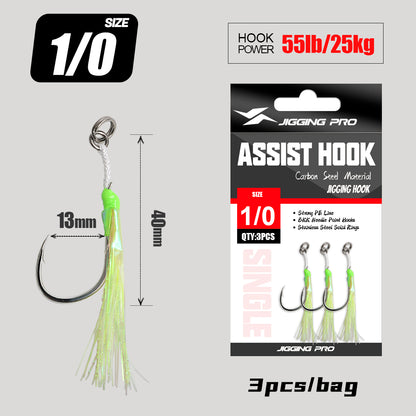 JIGGING PRO BKK 8060 Single Assist Hook Set #1/0 #2/0 #3/0 #4/0 - 3pcs/pack Saltwater Rust-Resistant Hooks with PE Cord