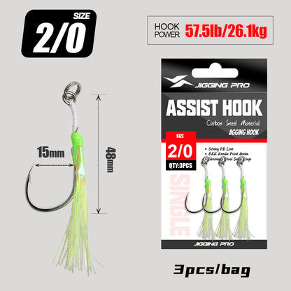 JIGGING PRO BKK 8060 Single Assist Hook Set #1/0 #2/0 #3/0 #4/0 - 3pcs/pack Saltwater Rust-Resistant Hooks with PE Cord