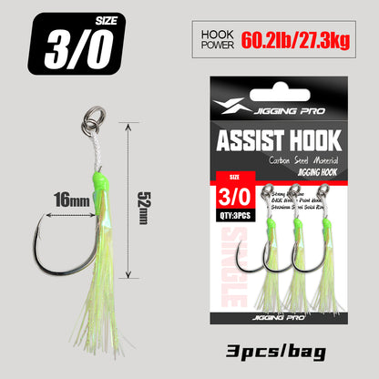 JIGGING PRO BKK 8060 Single Assist Hook Set #1/0 #2/0 #3/0 #4/0 - 3pcs/pack Saltwater Rust-Resistant Hooks with PE Cord
