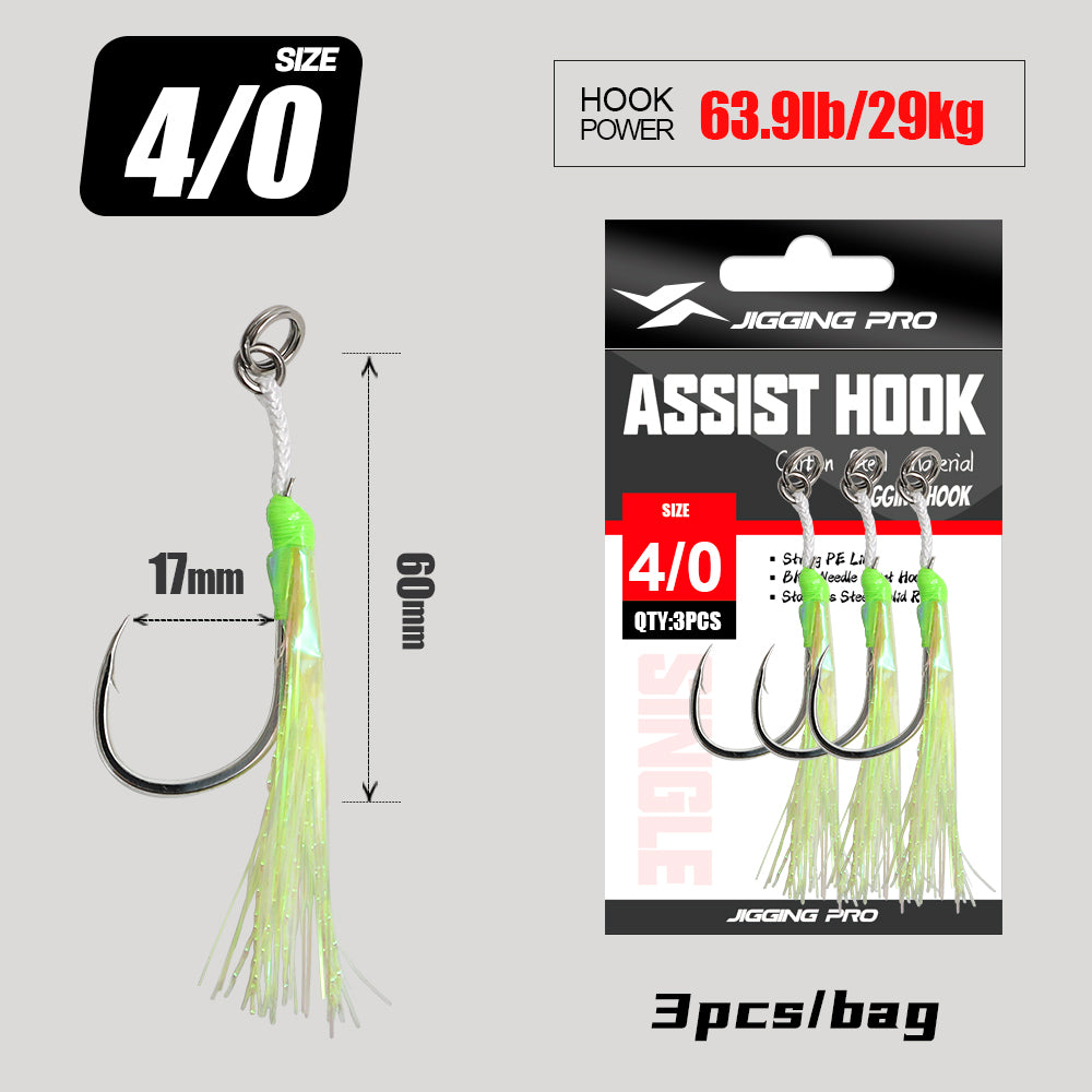 JIGGING PRO BKK 8060 Single Assist Hook Set #1/0 #2/0 #3/0 #4/0 - 3pcs/pack Saltwater Rust-Resistant Hooks with PE Cord
