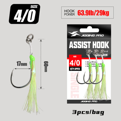 JIGGING PRO BKK 8060 Single Assist Hook Set #1/0 #2/0 #3/0 #4/0 - 3pcs/pack Saltwater Rust-Resistant Hooks with PE Cord