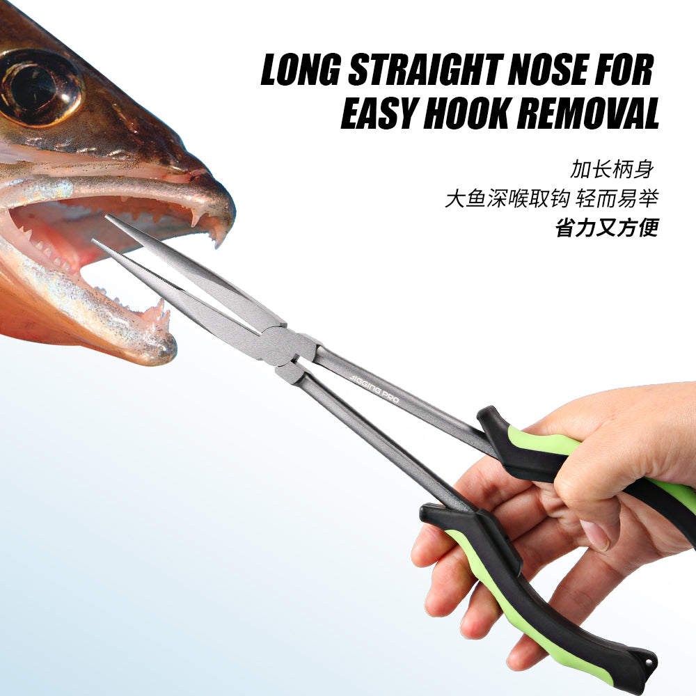 Jigging Pro 11" Long Handle Fishing Pliers, Carbon Steel Deep Hook Remover & Split Ring Plier, Heavy Duty Saltwater Fishing Tools
