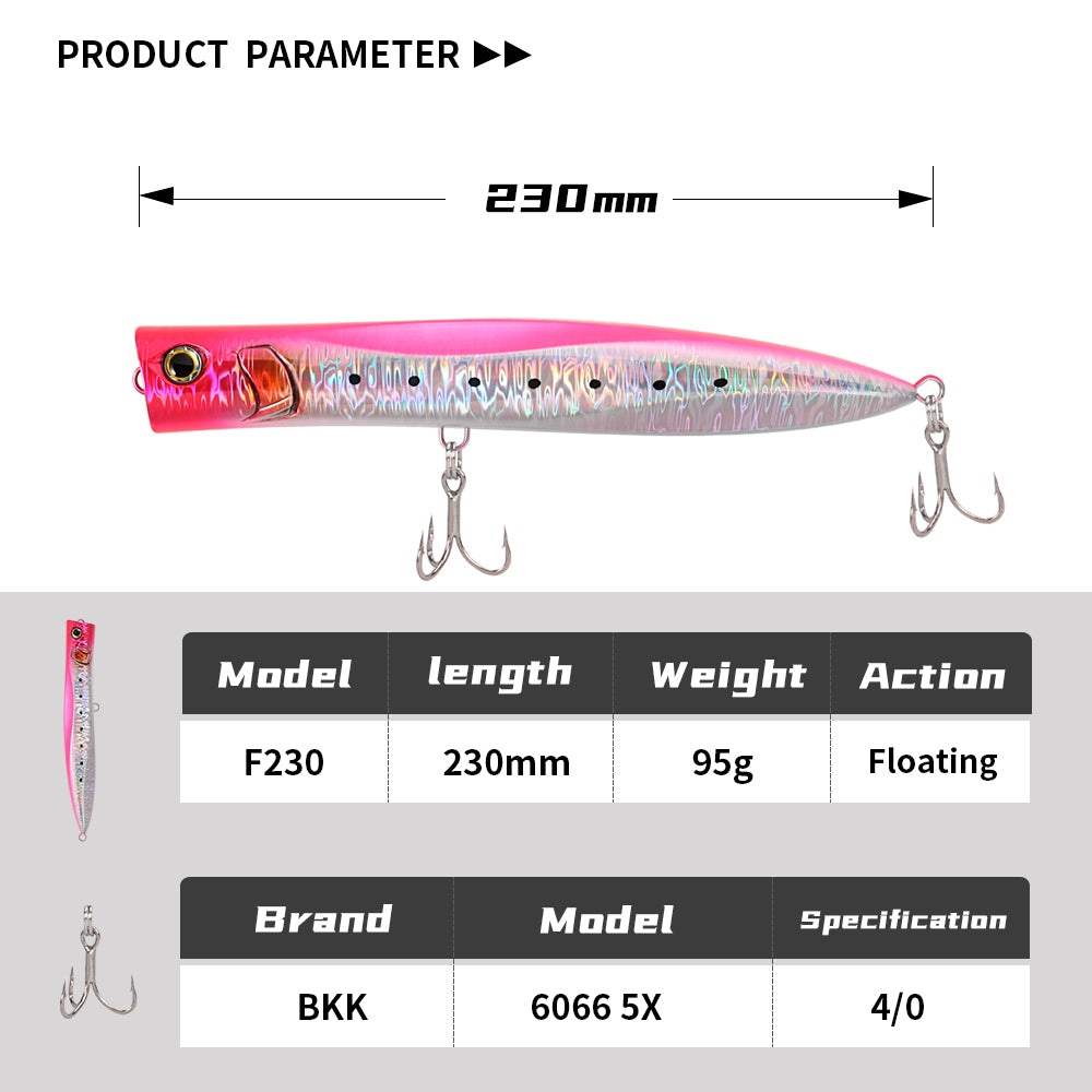 JIGGINGPRO 230mm 95g Duckdive Topwater Slim Popper Diving Pencil Lure