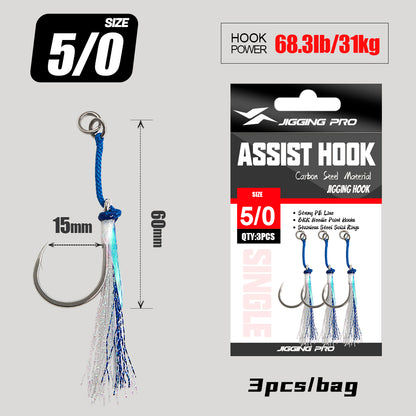 JIGGINGPRO Heavy Duty Jigging Hook Metal Jig Single Assist Hook 3PCS/bag 5/0 7/0 9/0 11/0