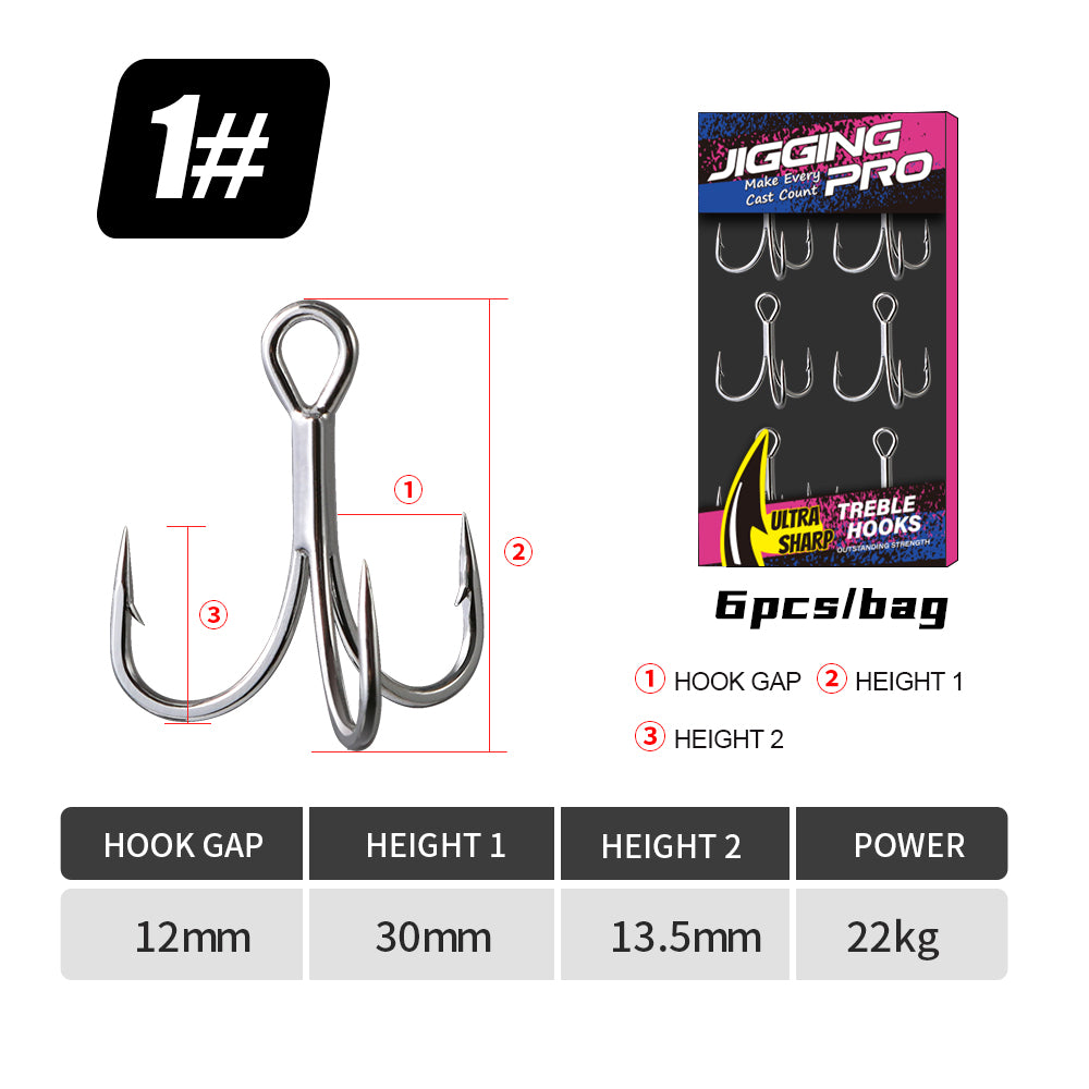 Jigging Pro 6066-3X-NP Saltwater Treble Hooks, 3X Strong High Carbon Steel Replacement Hooks for Lures & Jigs, Sizes 1# 2# 3# 4# 6# 8#