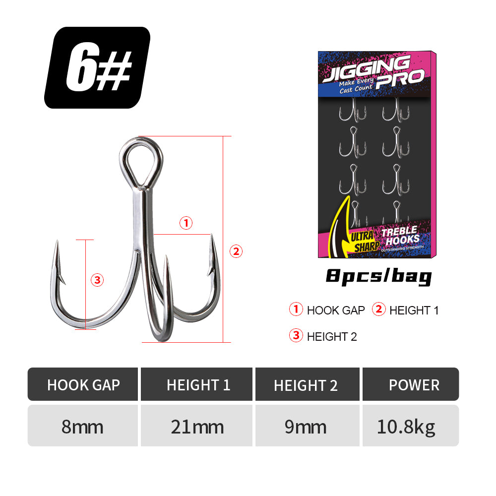 Jigging Pro 6066-3X-NP Saltwater Treble Hooks, 3X Strong High Carbon Steel Replacement Hooks for Lures & Jigs, Sizes 1# 2# 3# 4# 6# 8#